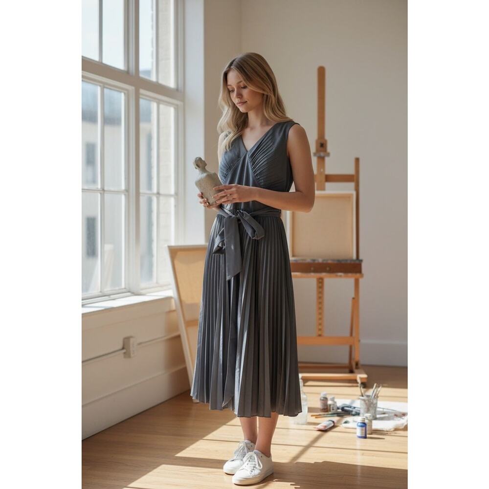 NWTGS Banana Republic SLATE Gray Sleeveless Katey Pleated MIDI DRESS SZ 14 $189